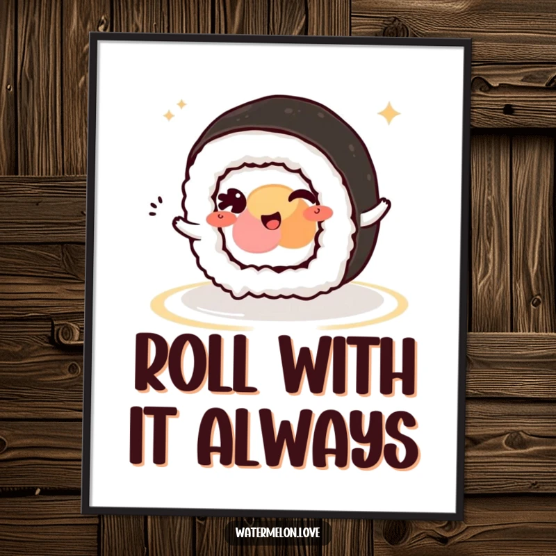 Funny Free Printable Wall Art: A cute kawaii sushi roll character with a mischievous wink, rolling vibrantly across the artwork.