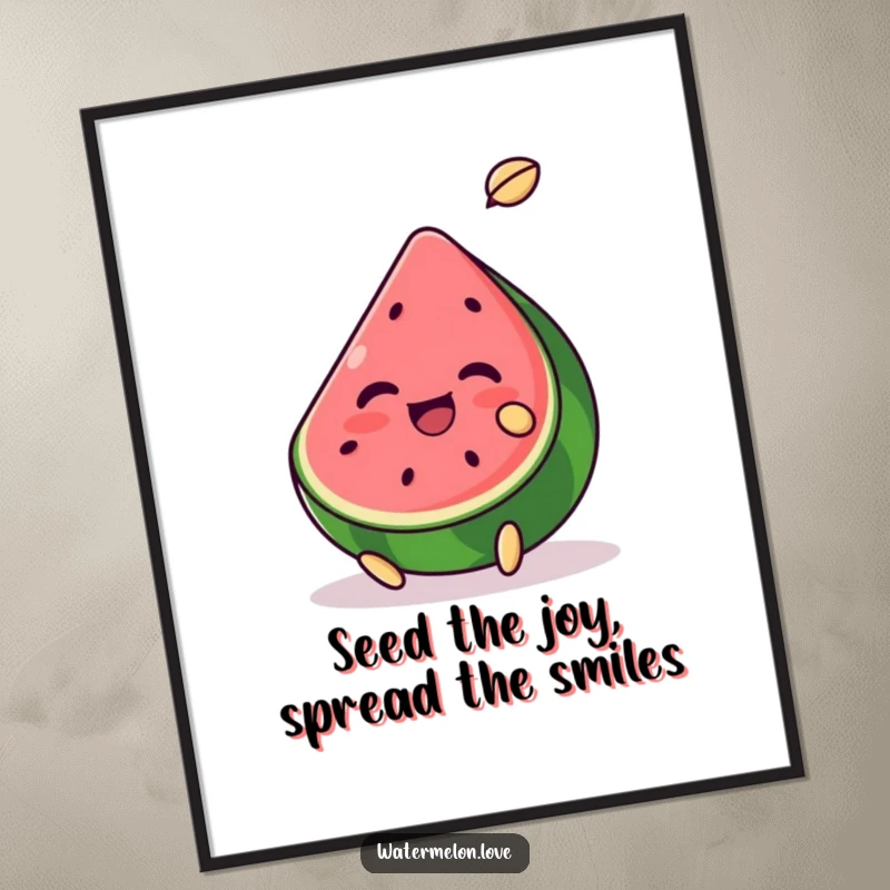 Funny Free Printable Wall Art: A cheerful watermelon chunk in mid-air, joyfully tossing a tiny seed with a mischievous grin.