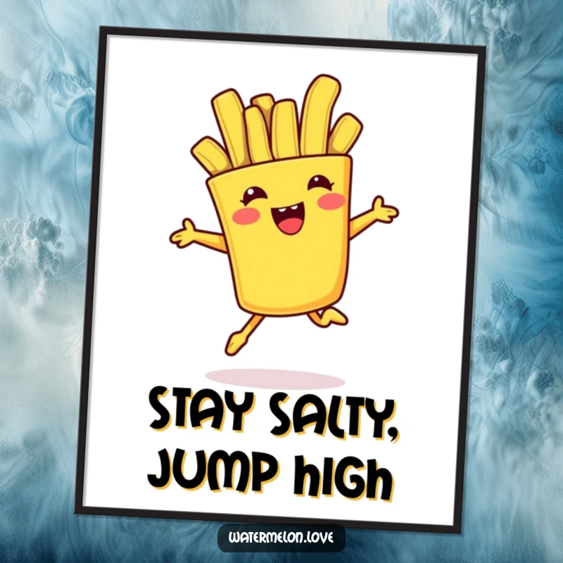 Funny Free Printable Wall Art: An anthropomorphic french fry captured mid-jump, full of playful energy and humor.