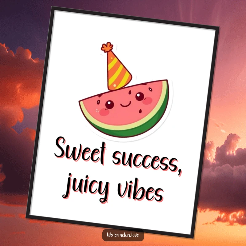 Funny Free Printable Wall Art: Joyful Kawaii watermelon slice wearing a tiny party hat, radiating happiness.