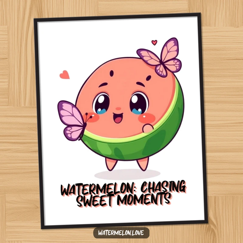Funny Free Printable Wall Art: A kawaii watermelon slice with wide, excited eyes enthusiastically chases a fluttering butterfly.