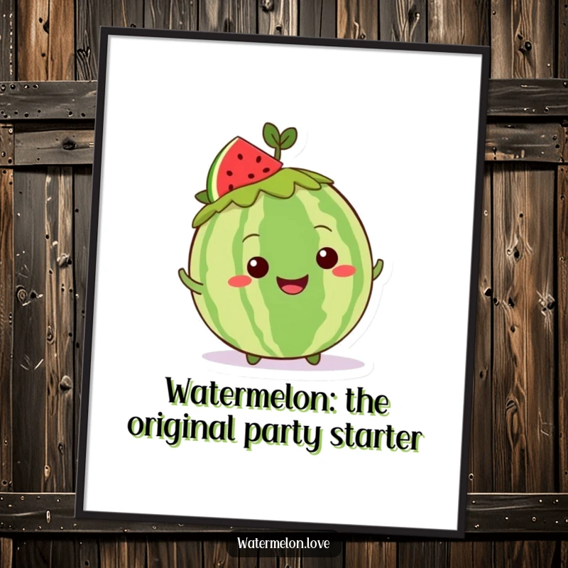 Funny Free Printable Wall Art: A grinning Kawaii whole watermelon with a leafy crown, doing a cheerful and energetic shimmy dance.