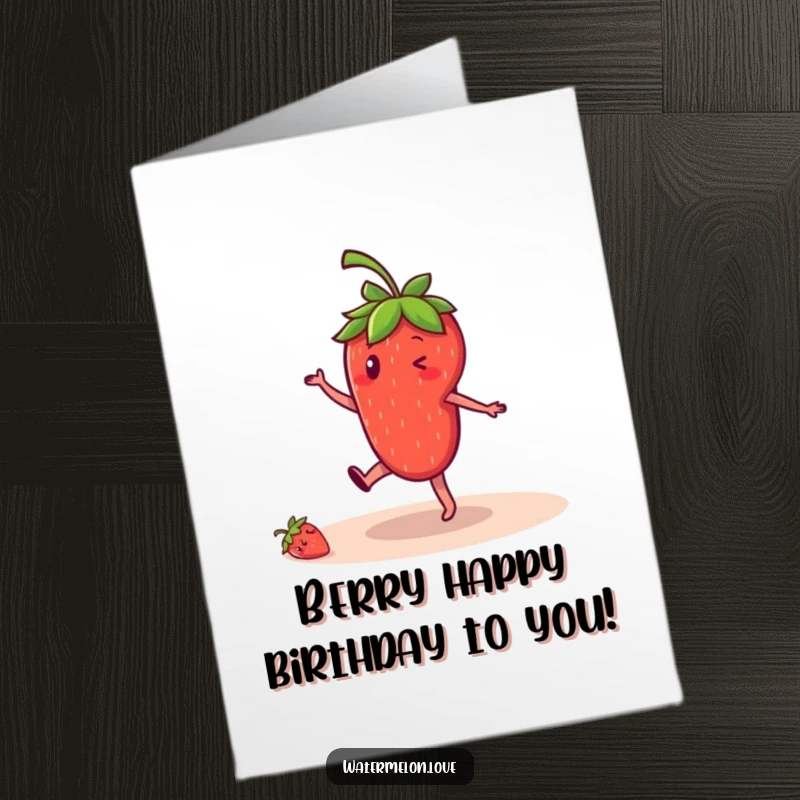 Funny Free Printable Birthday Card: A cheerful strawberry doing a cartwheel with a big smile, perfect for birthdays.