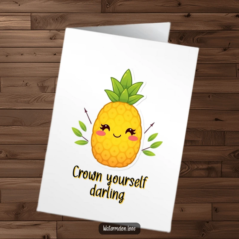 Funny Free Printable Smiling Pineapple Wearing Tiny Leafy Crown on Birthday Card, Royal DIY Fun.