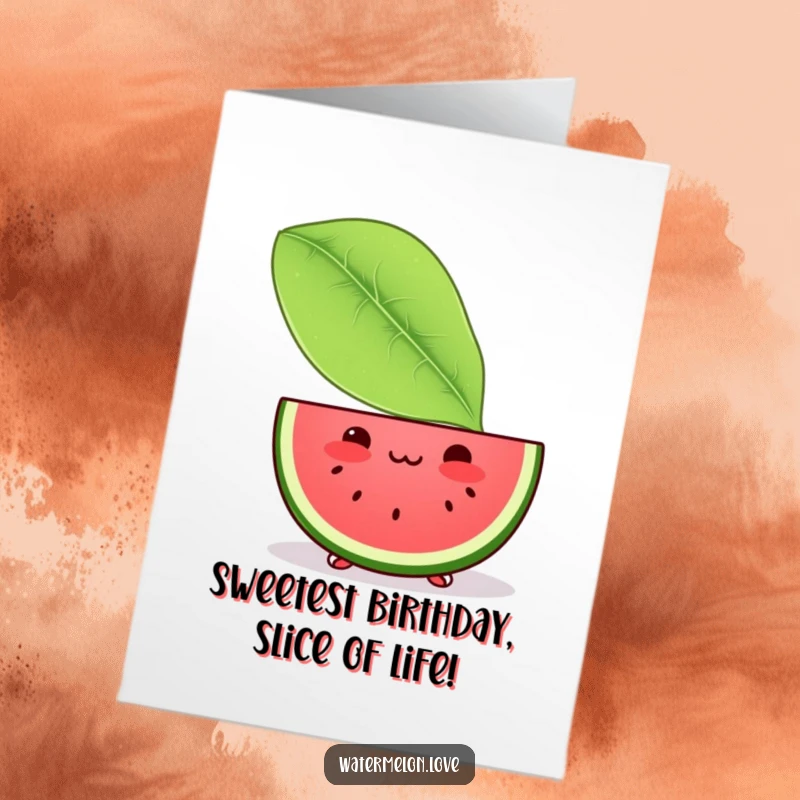 Cute Free Printable Birthday Card: A blushing Kawaii watermelon slice peeking coyly from behind a large green leaf.