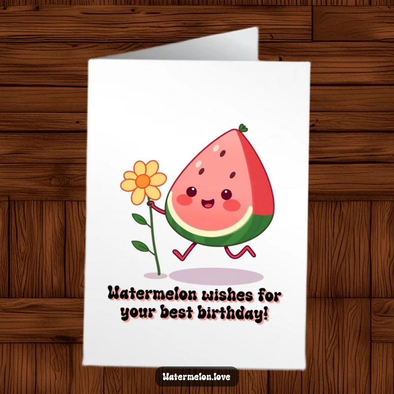 Funny free printable birthday card featuring a kawaii watermelon with legs skipping joyfully with a flower, spreading cheer.