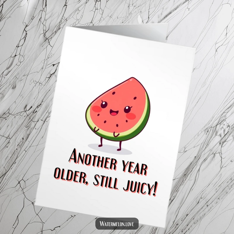 Funny Free Printable Birthday Card: A smiling Kawaii watermelon slice with tiny legs, joyfully bouncing with excitement for a celebration.