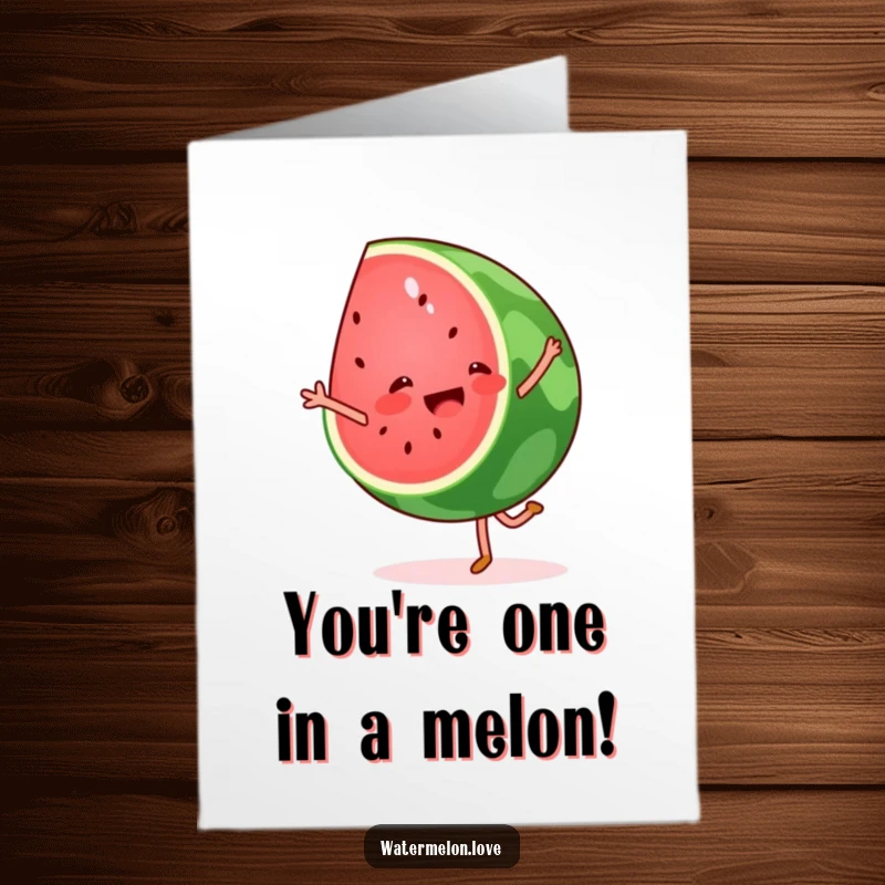 Funny Free Printable Birthday Card: Watermelon wedge cartwheeling joyfully, a hilarious downloadable design for any celebration.