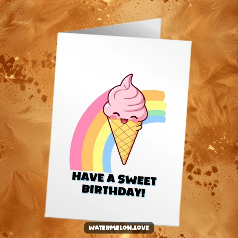 Funny Free Printable Birthday Card: Winking anthropomorphic ice cream cone sliding gleefully down a vibrant rainbow, sweet and joyful.