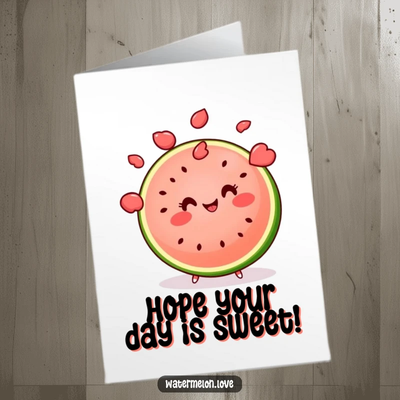 Funny Free Printable Birthday Card: A kawaii watermelon slice with a smile juggles seeds, celebrating a birthday with skillful fun.