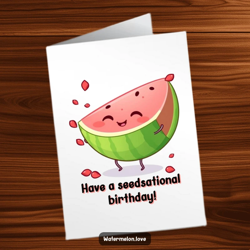 Funny Free Printable Birthday Card featuring a smiling watermelon slice with tiny legs energetically juggling seeds, perfect for fun.