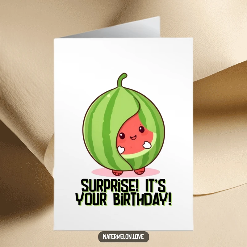 Funny free printable birthday card showing a cute watermelon character playfully peeking from behind a large, vibrant green leaf.