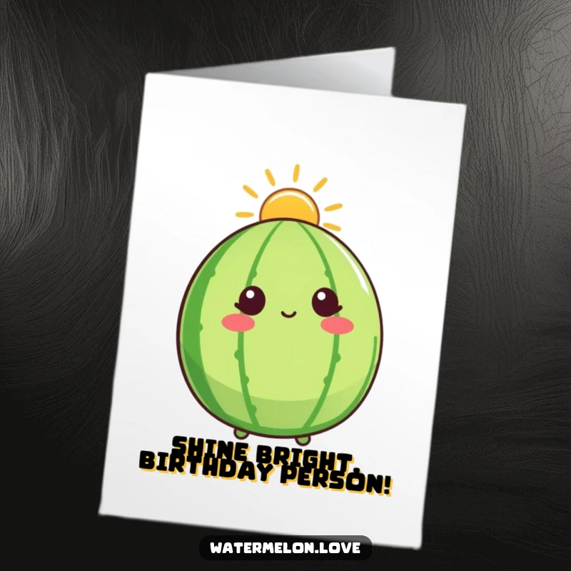 Funny Free Printable Birthday Card: A watermelon character with a sunshine halo looks up heavenward, evoking blessings and joy.