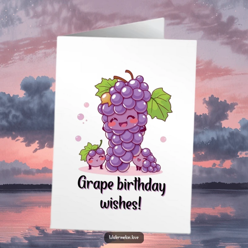 Funny Free Printable Grape Bunch birthday card, a bunch of grapes giggling while hiding, playful birthday fun.