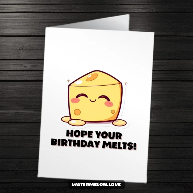 Funny Free Printable Birthday Card: A kawaii cheese wedge with eyes closed, melting blissfully to celebrate a birthday.