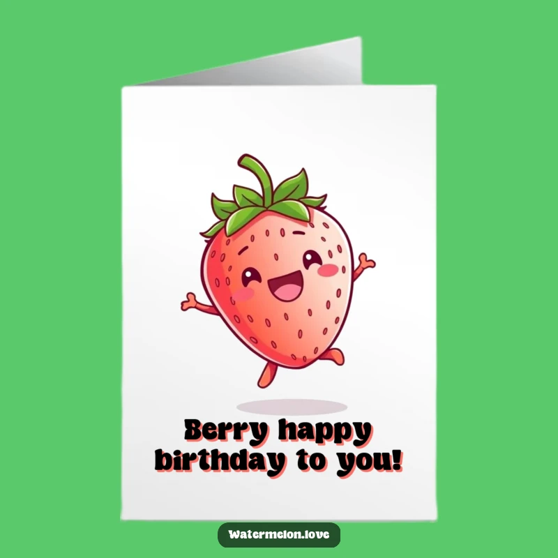 Free Printable Kawaii Strawberry Birthday Card: Funny Jumping Fruit for a Joyful Celebration