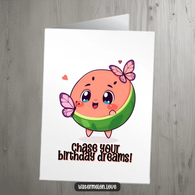 Funny Free Printable Birthday Card: Kawaii watermelon slice with wide eyes excitedly chases a butterfly in a garden.