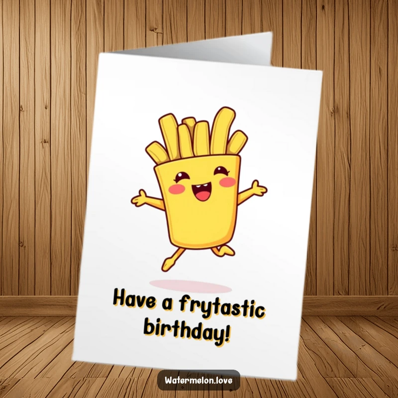 Funny Free Printable Birthday Card: An anthropomorphic french fry leaping gleefully with a happy expression.