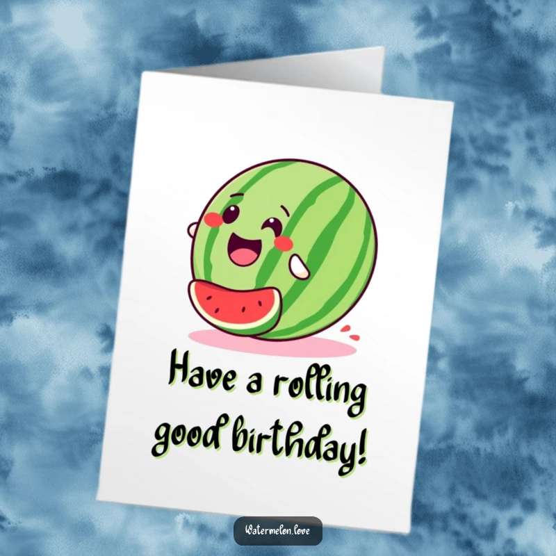 Funny free printable birthday card depicting a stylized, happy watermelon rolling downhill with pure, unadulterated glee.
