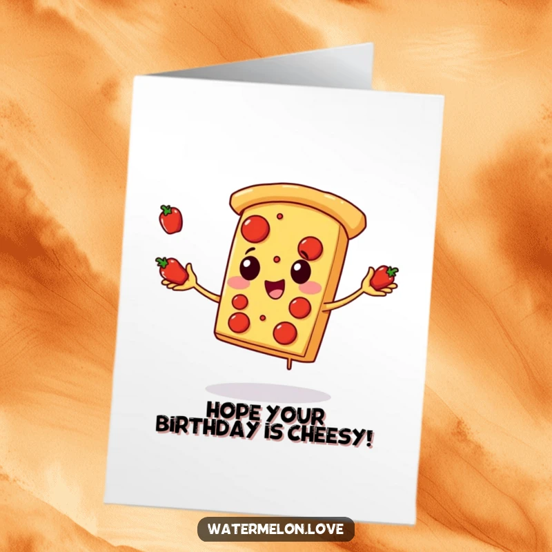 Funny Free Printable Birthday Card: A happy pizza slice skillfully juggling small pepperoni pieces, perfect for birthdays.