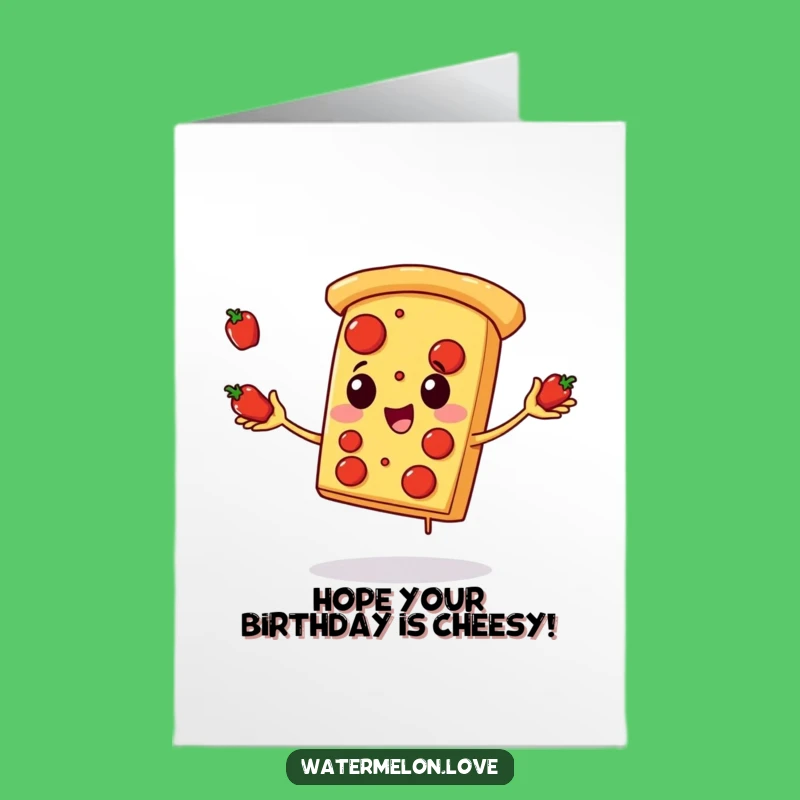 Free Printable Birthday Card: Pizza Juggling Pepperoni - Downloadable Funny Foodie Gift