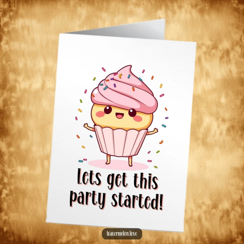 Funny Free Printable Birthday Card: Delighted anthropomorphic cupcake with sprinkles spinning wildly, joyful, celebratory, printable greeting.