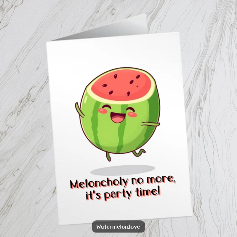 Funny Free Printable Birthday Card: Anthropomorphic watermelon slice bouncing with pure joy, perfect for sending birthday cheer.