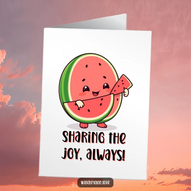 Funny Free Printable Birthday Card: A smiling watermelon character generously offers a slice to a delighted fruit friend, celebrating together.