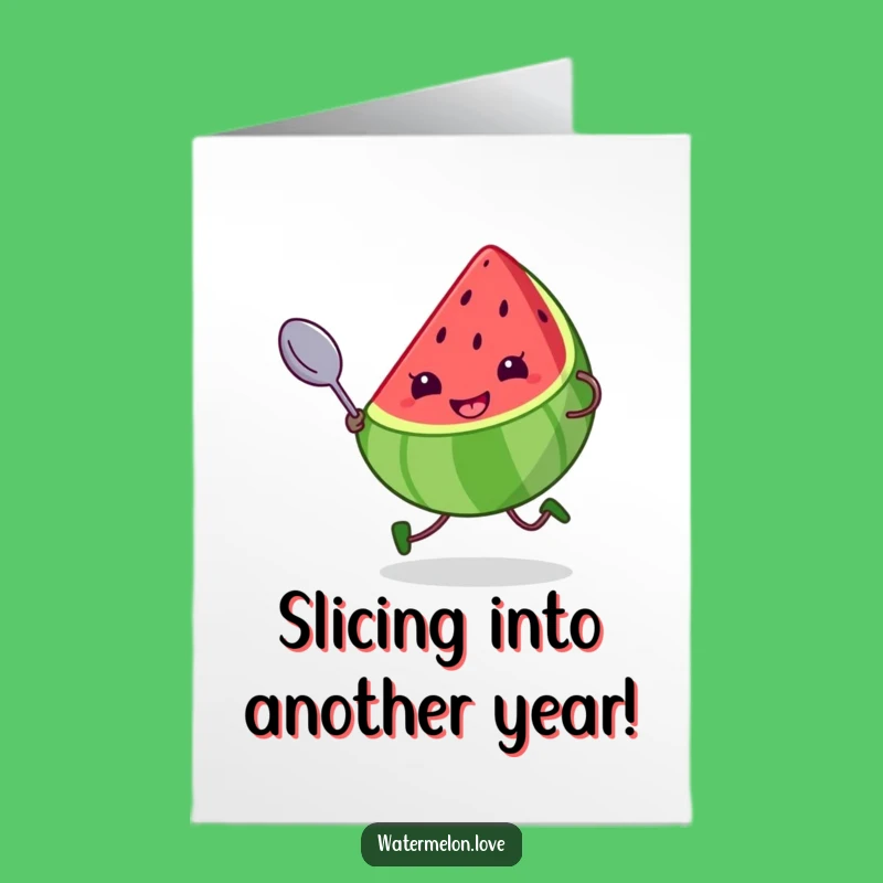 Free Printable Birthday Card: Funny Kawaii Watermelon Running with Spoon - Downloadable Gift