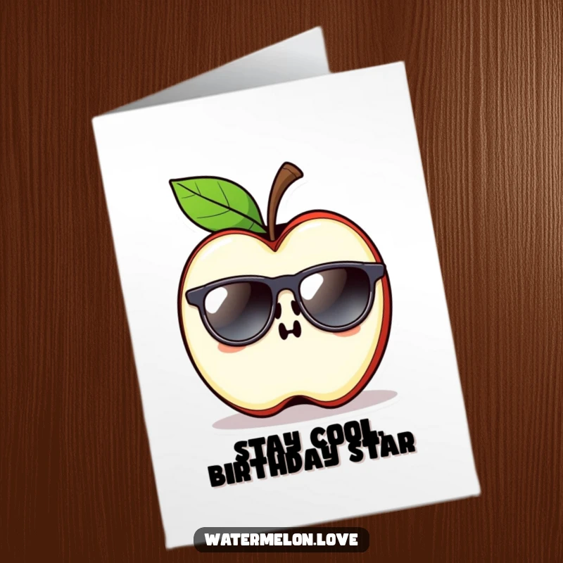 Funny Free Printable Contented Apple Slice Wearing Sunglasses on Birthday Card, Cool Fruit Fun.
