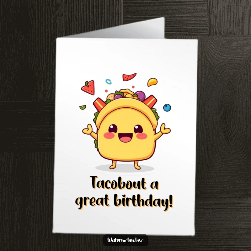 Funny Free Printable Birthday Card: A smiling kawaii taco character energetically juggling vibrant toppings like lettuce and cheese.