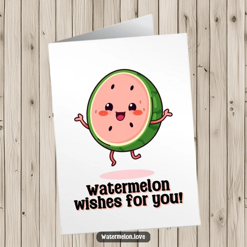 Funny Free Printable Birthday Card: A kawaii watermelon slice with legs happily jigs, celebrating a birthday with infectious energy.