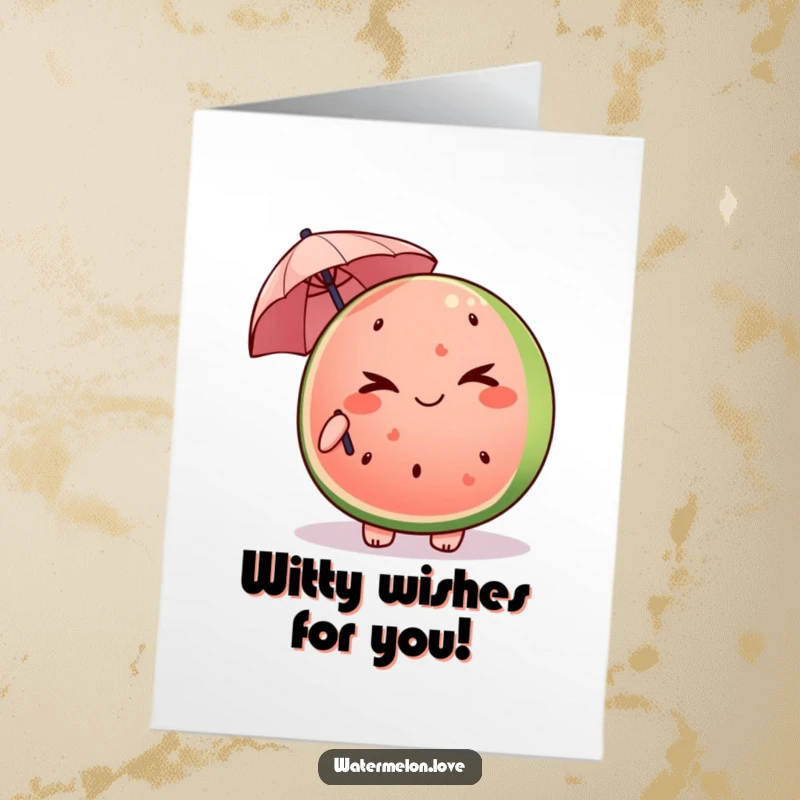 Funny Free Printable Birthday Card: Mischievous Kawaii watermelon slice winking, holding a tiny umbrella, playful surprise.