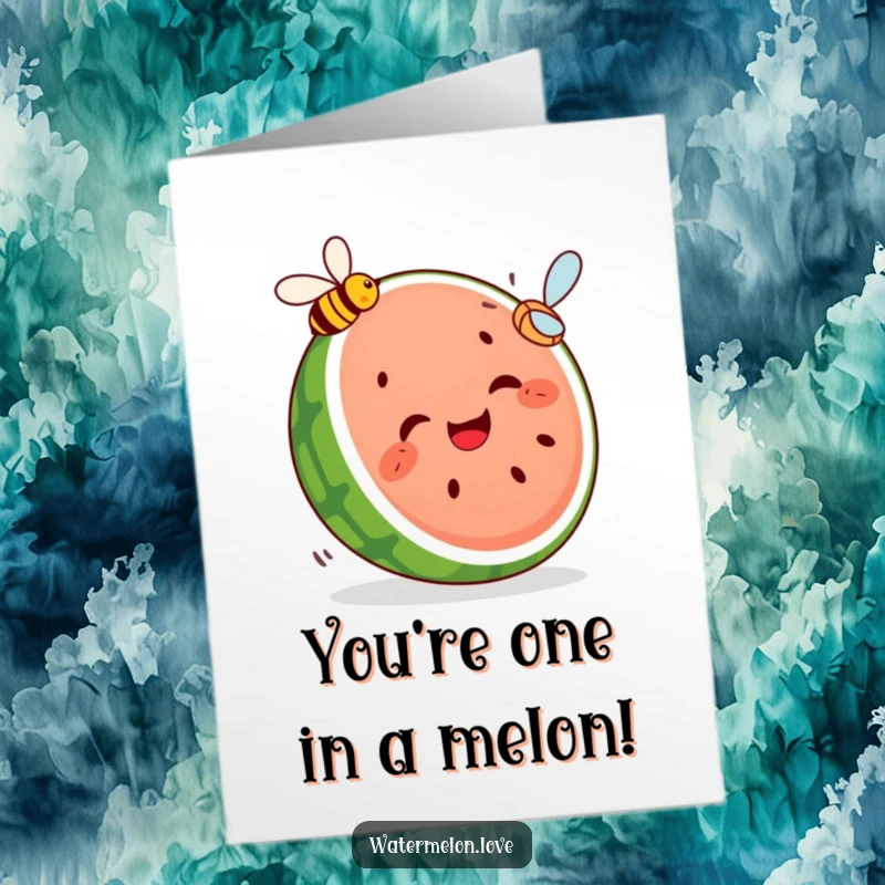 Funny Free Printable Birthday Card featuring a giggling watermelon slice joyfully chasing a tiny, startled bee, perfect for a lighthearted celebration.