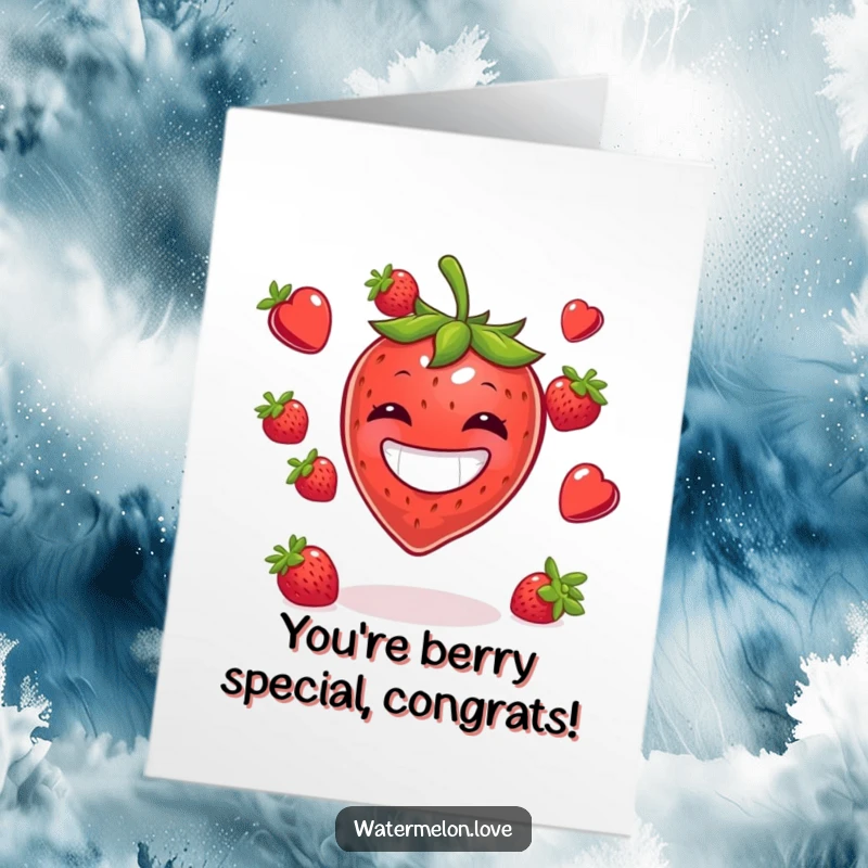Funny Free Printable Congrats Card showing a cheerful strawberry juggling berries, celebrating a win.