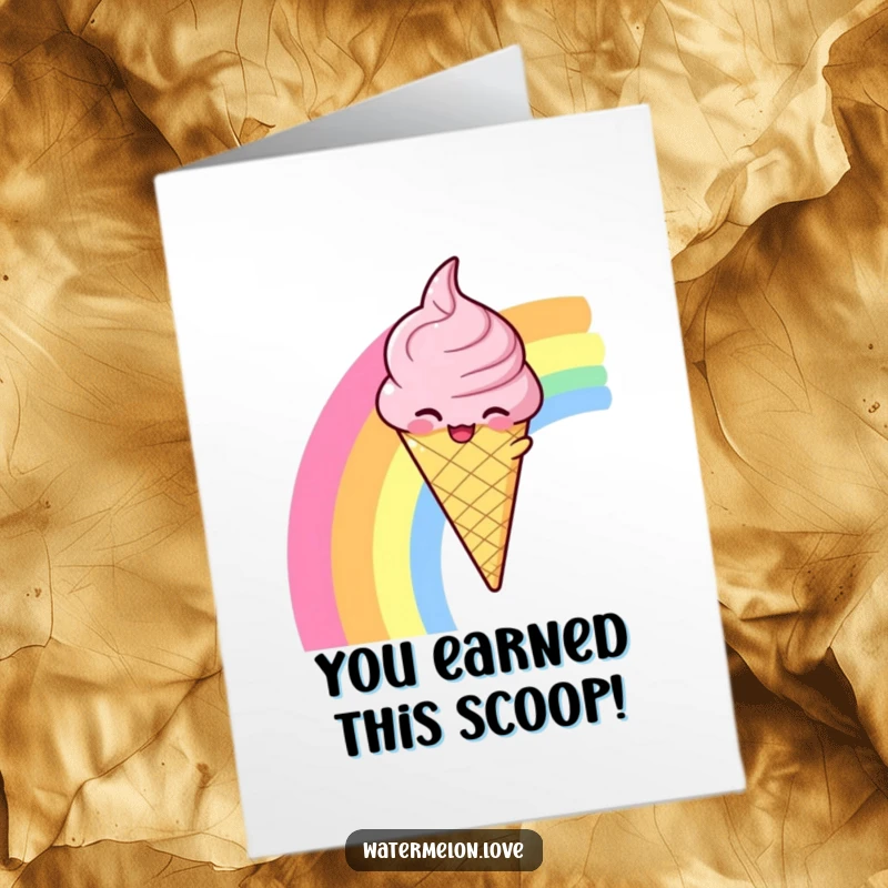 Funny Free Printable Congrats Card: A winking ice cream cone smoothly sliding down a rainbow, representing sweet success and joy.