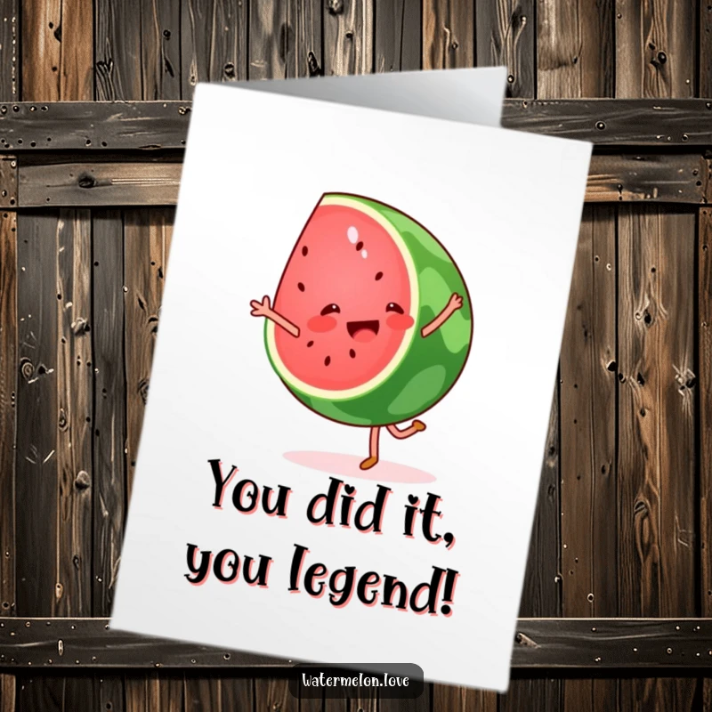 Funny Free Printable Congrats Card: A delighted watermelon wedge performing a cartwheel, perfect for celebrating wins, downloadable art.