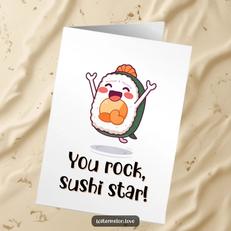Funny Free Printable Congrats Card: A thrilled sushi piece leaping with excitement, celebrating milestones with gusto.