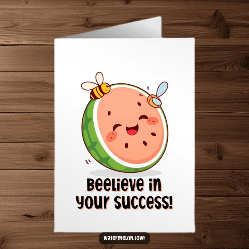 Funny Free Printable Congratulations Card showing a gleeful watermelon slice in pursuit of a buzzing bee, celebrating success with playful energy.