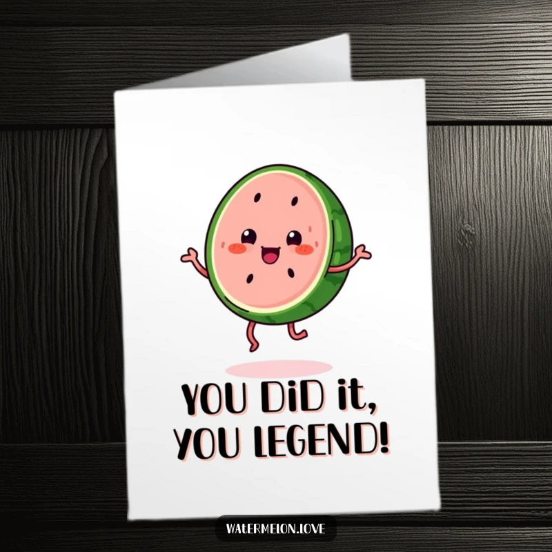 Funny Free Printable Congratulations Card: A kawaii watermelon slice with legs does a happy jig, celebrating a great achievement with zest.