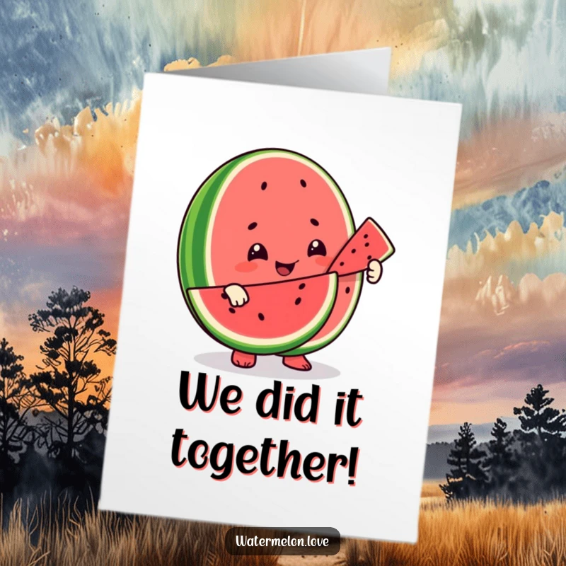 Funny Free Printable Congratulations Card: A beaming watermelon character kindly offers a tasty slice to another fruit, celebrating togetherness.