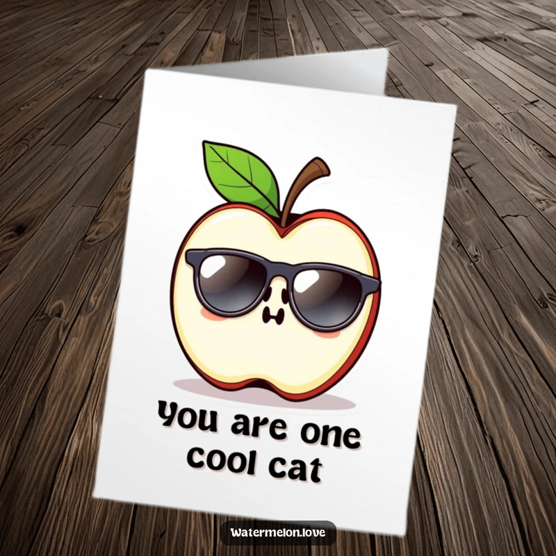 Funny Free Printable Contented Apple Slice Wearing Sunglasses on Congratulations Card, 'Print at Home'.