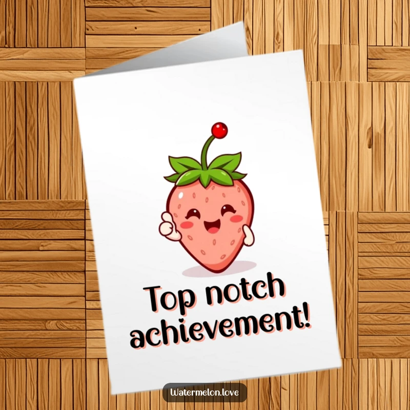 Funny Free Printable Happy Strawberry with Cherry Giving Thumbs Up on Congratulations Card, 'Print at Home'.