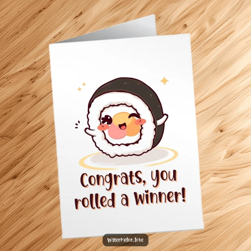 Funny Free Printable Congratulations Card: A charming kawaii sushi roll giving a cheeky wink while rolling forward in celebration.