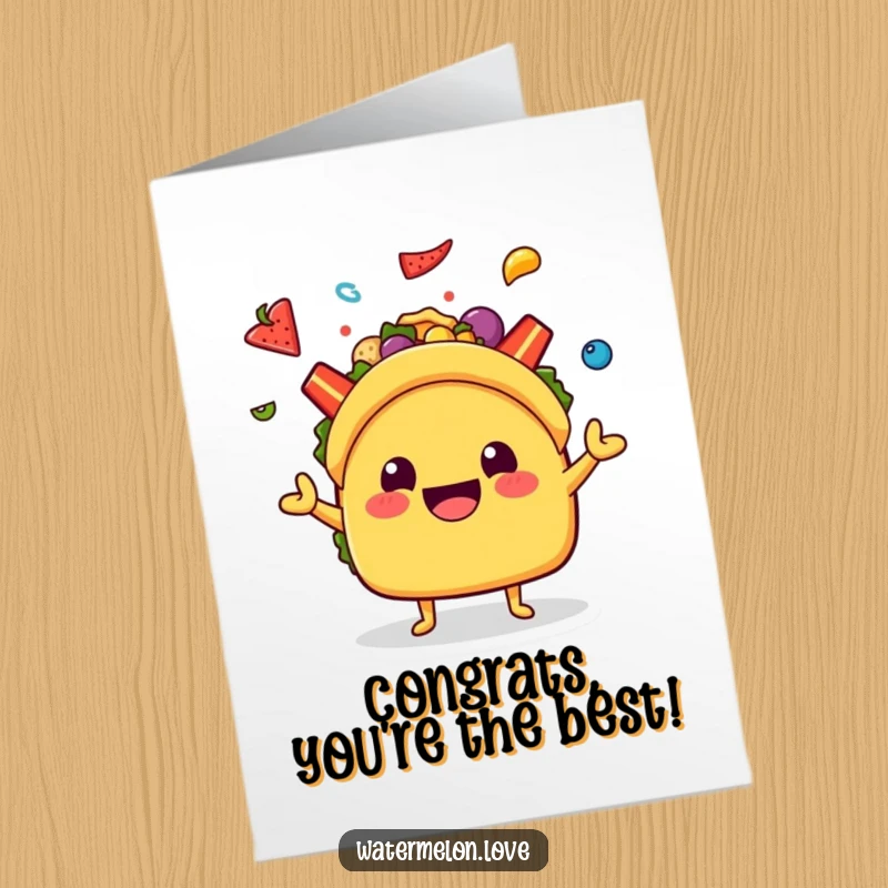 Funny Free Printable Congratulations Card: A beaming kawaii taco character skillfully juggling a cascade of colorful, delicious toppings.