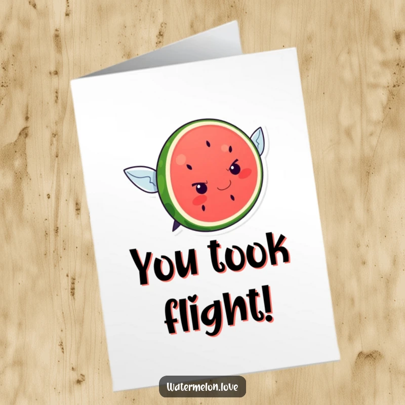 Funny Free Printable Congratulation Card: Determined kawaii watermelon tries to fly, symbolizing overcoming challenges.