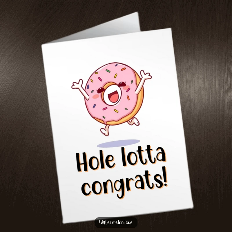 Funny Free Printable Congrats Card: A joyous anthropomorphic donut with sprinkles leaping high in celebration of an achievement.