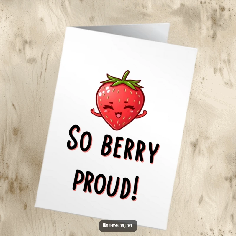 Funny Free Printable Congratulations Card: A vibrant red strawberry winking with a playful, knowing gesture, signifying good luck.