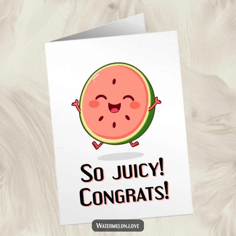 Funny Free Printable Congrats Card: A smiling watermelon slice bounces with pure joy, a sweet and downloadable congratulatory message.