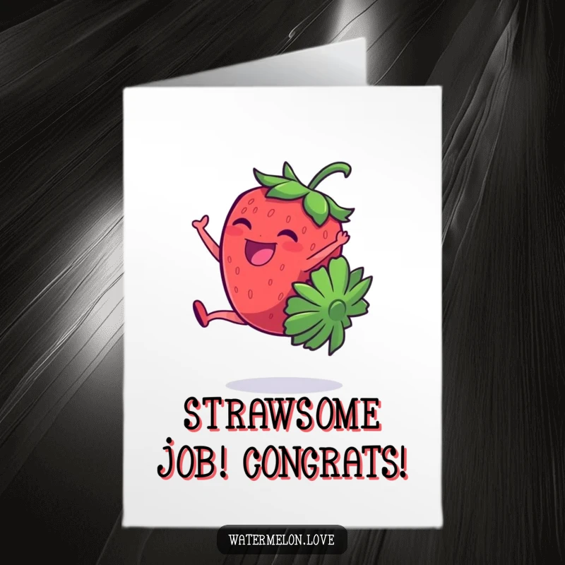 Funny Free Printable Congrats Card: A giggling strawberry performs a cartwheel, a cheerful and downloadable message of congratulations.